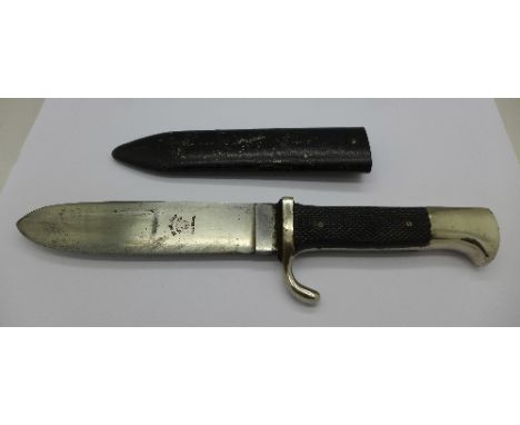 A German WWII period youth dagger, the blade marked Ed. Wüsthof, Solingen, Ges. Gesch., also marked RZM, M7/19, 1938, scabbar