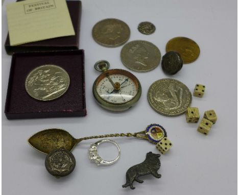 Assorted items; three £5 coins, a compass, five bone dice, etc.