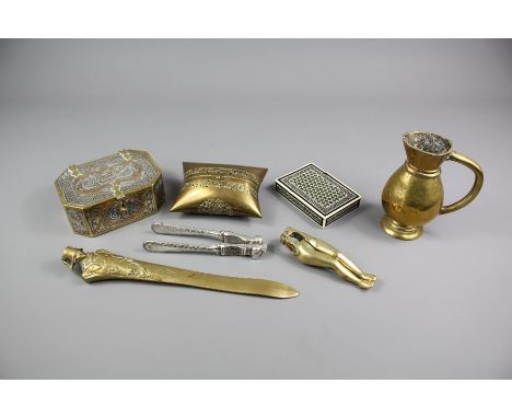 Miscellaneous Brass Items. This lot includes an antique brass letter opener the finial modelled on a bust of Napoleon signed 