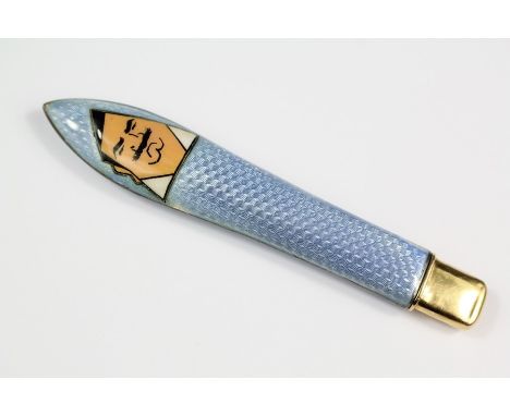 Lacloche Freres Art Deco Gold and Blue Guilloche Enamel Pencil Cover. The pencil cover depicting the Italian Opera Virtuoso E