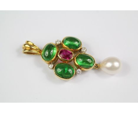 An 18ct Yellow Gold Emerald, Diamond, Ruby, Pearl and Emerald Drop Pendant. The pendant set with four oval cabochon emeralds 