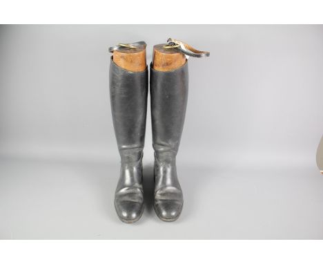 A Pair of Vintage Size 6 Black Leather Lady's Riding Boots; together with wooden tree.&nbsp;