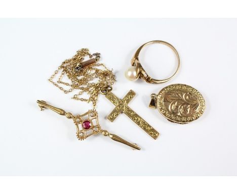 A 9ct Gold Diamond, Sapphire and Ruby Bar Brooch, approx 50 mm w, together with a 9ct pearl ring size P, 9ct locket, cross an