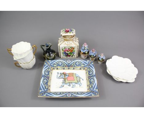 Wedgwood Rectangular Trinket Dish; Blue Elephant design approx 20 x 17 cms, together with three Royal Worcester fluted tea cu