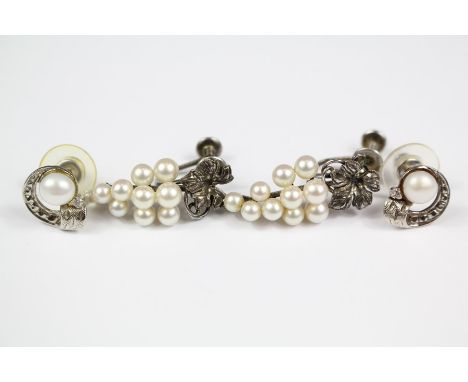 A Pair of Vintage Silver and Seed Pearl Pearl Grape-Design Earrings, together with a pair of white-metal pearl and diamond st