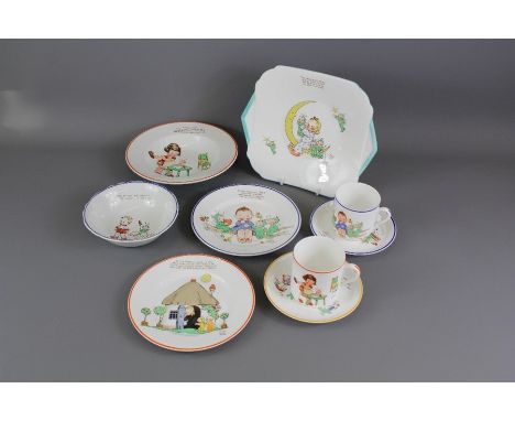 Shelley Nursery Crockery; a collection of eighteen vintage pieces of Shelley nursery crockery, including five "Baby Plates" w