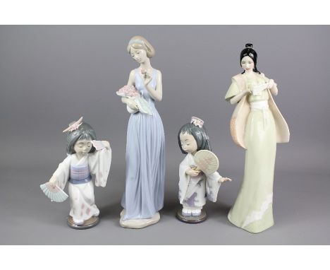 Four Porcelain Figurines; including a Nao figurine nr1350 depicting a Geisha approx 30 cms h., a Royal Doulton "Reflections" 