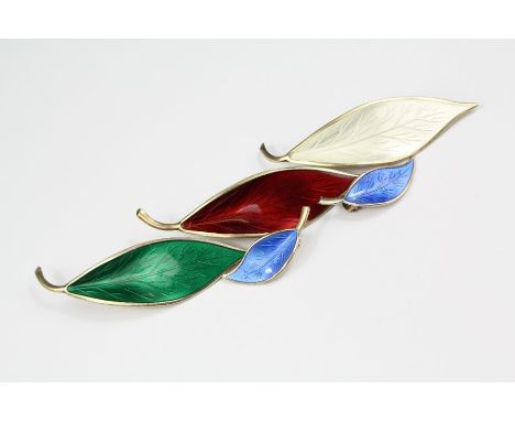 Three Sterling Silver and Enamel Norwegian Leaf Brooches; approx 70mm David Andersen, together with a pair of similar earring