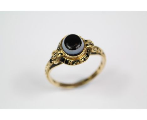 An 18ct Gold, Enamel and Agate Victorian Mourning Ring; Sheffield hallmark, inscribed Charles Caldicott, size M, approx 3.9 g