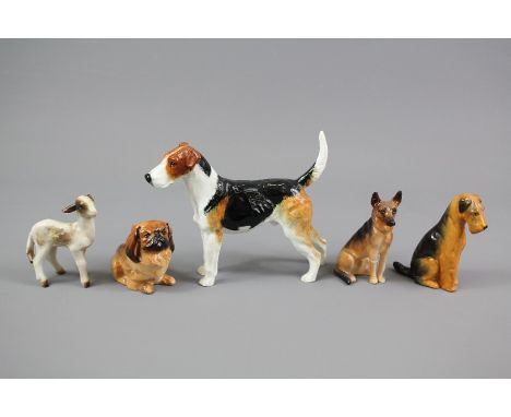 Porcelain Dog Figurines; including a Royal Worcester seated Airedale nr 2942, a Royal Doulton Pekinese, Alsatian and a standi