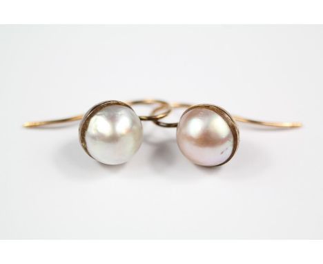 A Pair of Antique 9ct Yellow Gold Button Pearl Earrings, approx 10mm, approx 1.8 gms.