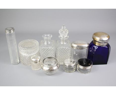 Miscellaneous Dressing Table Items, this lot includes a large Bristol Blue Scent Bottle, a Black Enamel Topped Cut-Glass Jar,