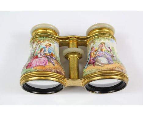 Antique L'ingeur Godchaux Mother of Pearl, Enamel and Gilt Brass Opera Glasses, the enamel grips painted with scenes of lover