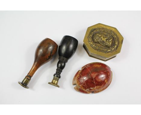 Calligraphy Lot - including a turned ebony seal depicting the letter C and a turned walnut seal depicting the letter R, appro