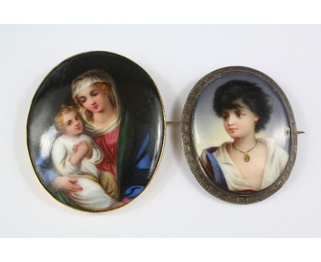 Two Victorian Porcelain Portrait Miniature Brooches, the first a hand painted portrait miniature depicting a Mother and Child