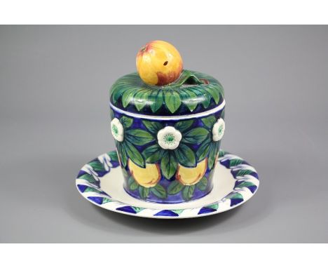 A Vintage Copenhagen Marmalade Jar and Cover. The marmalade jar hand-painted with oranges and having applied orange blossom, 