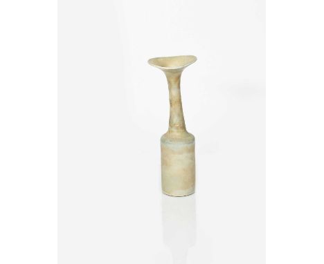 Φ Dame Lucie Rie (1902-1995)a tall porcelain bottle vase with flaring rim, cylindrical body with leaning neck with flaring ri