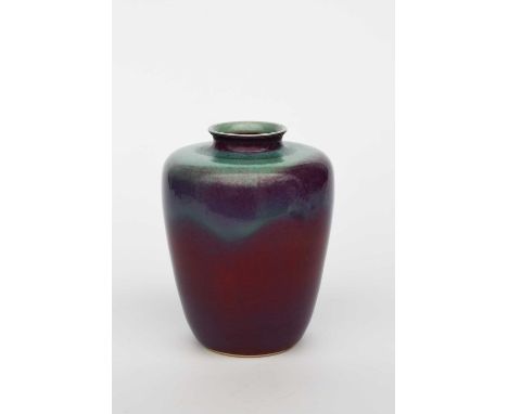 A Ruskin Pottery High-fired stoneware vase by William Howson-Taylor, dated 1912, shouldered form, sang de boeuf under running