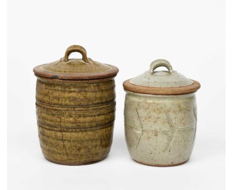 Richard Batterham (1936-2021)a stoneware sugar jar and cover, with incised chevron design, covered in a pale celadon speckled