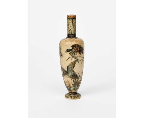 A Martin Brothers stoneware vase by Robert Wallace Martin, dated 1886, slender baluster form with cylindrical neck, painted w