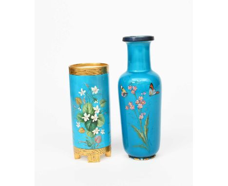 A Minton Pottery Cloisonne porcelain vase in the manner of Dr Christopher Dresser, cylindrical on three feet, painted in colo