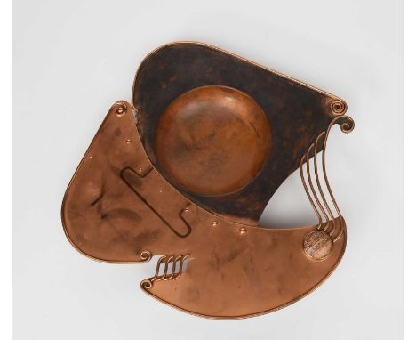 A large copper bowl by Sam Fanaroff, irregular form with wirework panels and agate roundel, a patinated copper vase and a pat