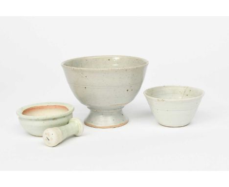 Richard Batterham (1936-2021)a stoneware pedestal bowl, covered in a pale celadon blue ash glaze, a small porcelain bowl with