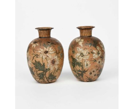 A pair of Martin Brothers stoneware vases by Robert Wallace Martin, dated 1889, shouldered, swollen cylindrical form with fla