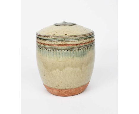 Richard Batterham (1936-2021)a large stoneware caddy and cover with chatter band, covered in an ash glazeunsigned, painted co