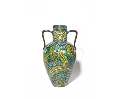 A tall William De Morgan pottery Persian twin-handled vase, shouldered form, painted with a frieze of swimming scaly fish, sw