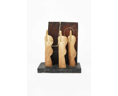 Φ John Maltby (1936-2020)Three Figures and a Wallstoneware sculpture,painted signature, applied exhibition label and title, 2