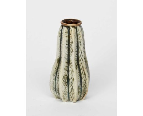 A Martin Brothers stoneware Gourd vase by Edwin and Walter Martin, dated 1902, shouldered, ribbed form with incised and paint