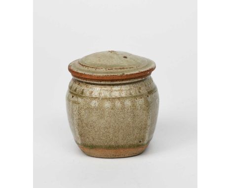 Richard Batterham (1936-2021)a stoneware little square jar and cover, with chatter band, covered in an ash glaze,unsigned,11.