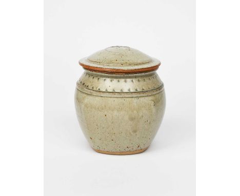 Richard Batterham (1936-2021)a beaten jar and cover, with chatter bands, covered in an ash glazepainted cobalt 321cm. high (2