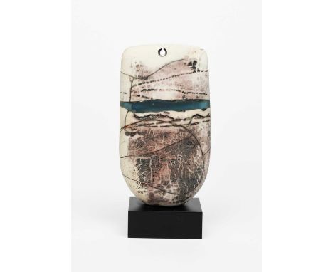 Φ Peter Hayes (born 1946)Keyhole Bow, 2010raku pottery with blue resin band, on polished black slate baseincised Peter Hayes 