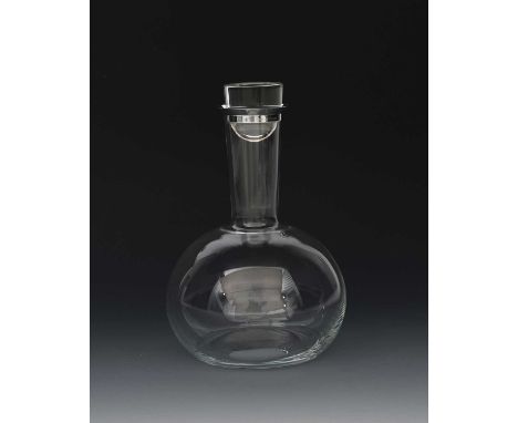 A Georg Jensen silver and glass decanter and stopper designed by Ole Palsby,  ovoid glass body with flaring cylindrical neck 