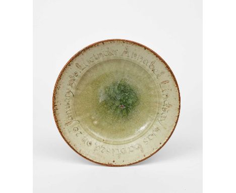 Richard Batterham (1936-2021)a rare stoneware commemorative plate, inscribed to the rim Lucinda Annabel Lindsay was baptised 