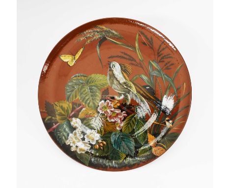 A Wedgwood Pottery wall plaque possibly painted by William Mussill, painted with a bird perched on a blossom tree bough watch