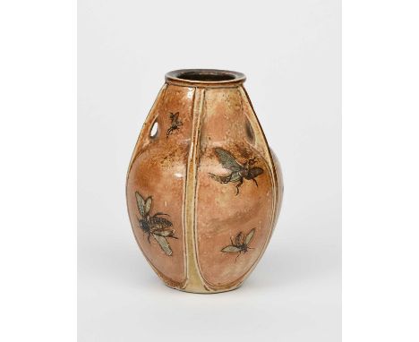 A Martin Brothers stoneware Gourd vase by Edwin and Walter Martin, dated 1900, shouldered form with vertical rims, incised an