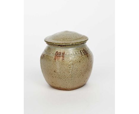 Richard Batterham (1936-2021)a salt-glazed stoneware beaten jar and cover, with chatter band and iron patches to the shoulder