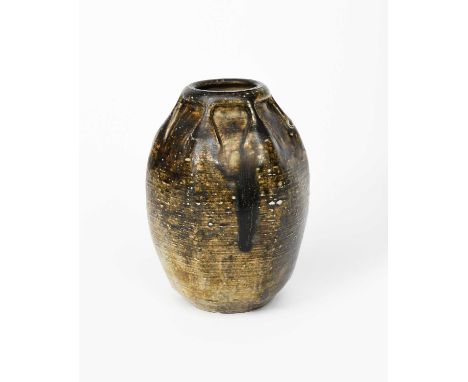 A Martin Brothers stoneware gourd vase by Edwin and Walter Martin, dated 1912, shouldered form with fine incised bands, glaze