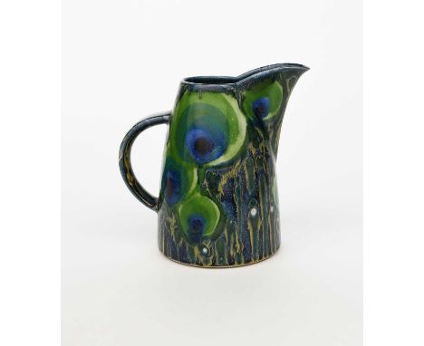 Janice Tchalenko (1942-2018)a Dartington Pottery stoneware jug, peacock feather design in green and blueimpressed seal marks,