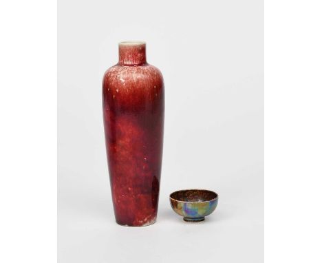 A Ruskin Pottery High-fired stoneware vase by William Howson Taylor, dated 1922, slender, shouldered form covered in a sang d