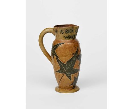 A Martin Brothers stoneware Motto jug by Robert Wallace Martin, shouldered, slender cylindrical form incised and painted with