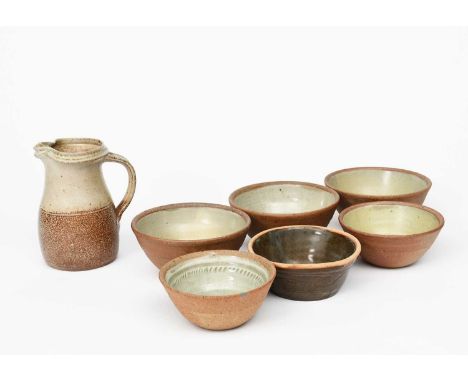 Richard Batterham (1936-2021)a salt-glaze stoneware jug, three stoneware bowls with chatter band by Richard Batterham, and th