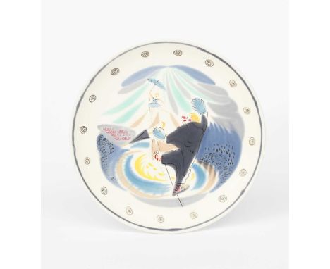 Star Turn 4 a Poole Pottery Studio trial plate by Ann Read, painted with a clown walking on a tightrope towards a female acro