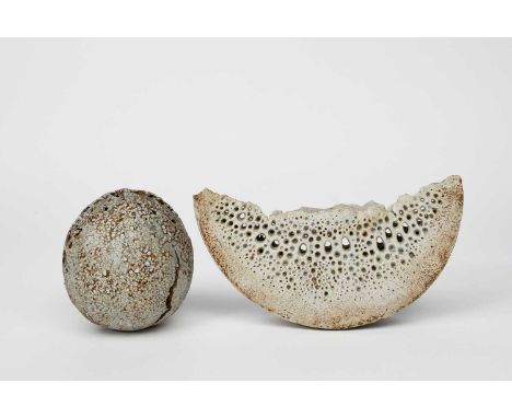 Alan Wallwork (1931-2019)Ovoid split form, stoneware vase, a stoneware segment by Alan Wallwork and a large vaseincised AW mo