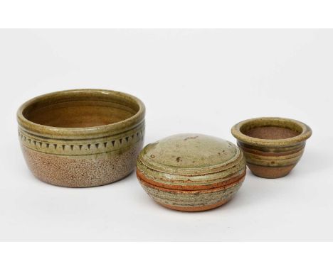 Richard Batterham (1936-2021)a stoneware box and cover, covered in an ash glaze, a large salt-glaze stoneware souffle dish wi