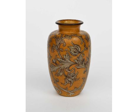 A Martin Brothers earthenware vase by Edwin and Walter Martin, dated 1898, shouldered form, incised and painted with scrollin