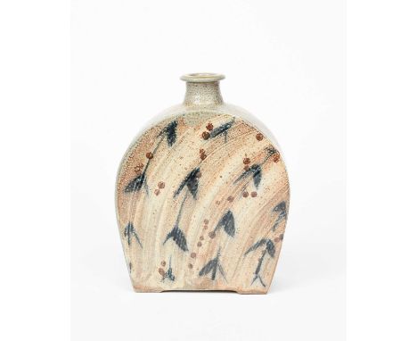 Φ Phil Rogers (1951-2020)a salt-glaze stoneware bottle, flat sides, painted with simple foliate stems in cobalt and rust,impr